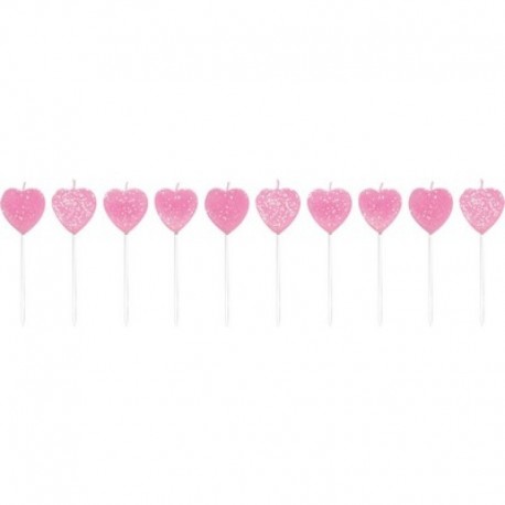 10 Candele Pick Cuori Rosa 7 cm