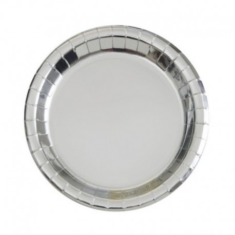 8 Piatti Tondi Carta Argento Metal 18 cm