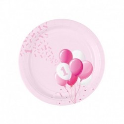8 Piatti Tondi Carta 1° Compleanno Palloncini 18 cm