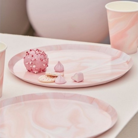 8 Piatti Tondi Carta Marmo Rosa 25 cm