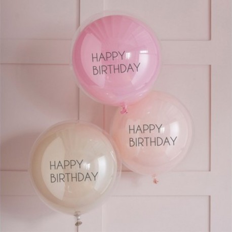 3 Palloncini Happy Birthday Doppio Strato Rosa 45 cm