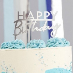 Cake Topper Happy Birthday Argento 12x11 cm